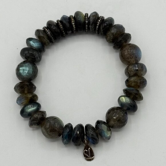 Sheryl Lowe 10mm Beaded Labradorite Bracelet with Diamond Rondelles w/ pouch - Picture 2 of 5